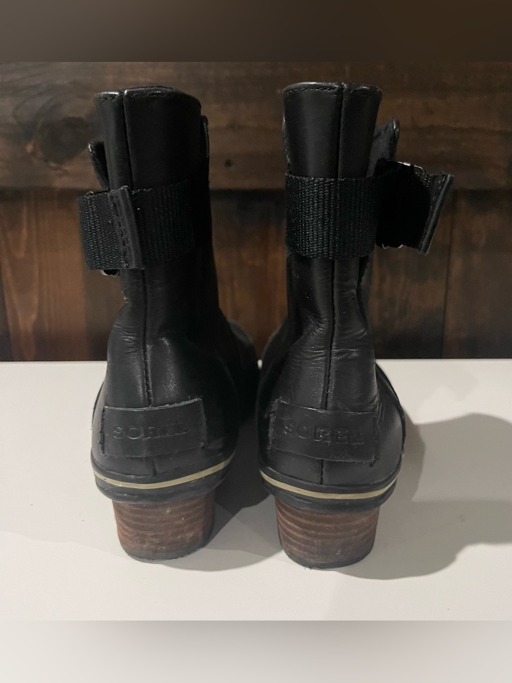 Sorel Womens 8.5 Black Slimboot Leather Pull On Rain Boots Waterproof Granola - Picture 7 of 11